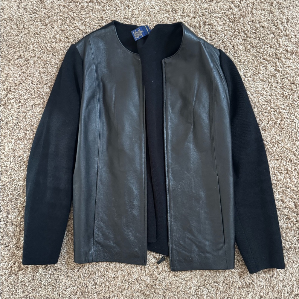 Charter Club Black Leather-Front Knit Sleeve Jacket
